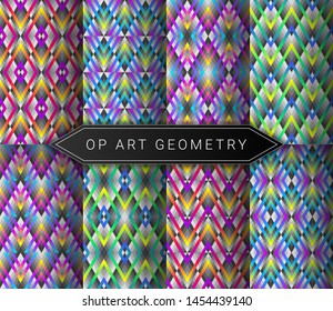 Vector set of eight crazy geometric seamless patterns in style op art, modern different acid colors.