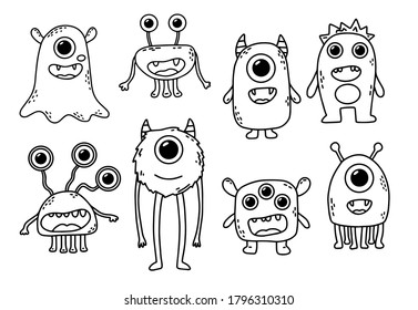 Vector set of eight cute monsters. Funny line hand-drawn aliens for coloring pages. Bundle of decorative design elements. Flat vector illustration.