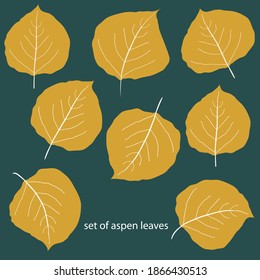 Vector set of eight differently shaped golden aspen leaves. Hand drawn isolated foliage motifs in fall colors. Botanical organic line art illustration. Versatile design for autumn or cosy home concept