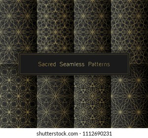 Vector set of eight golden psychedelic geometric seamless patterns on black background; Sacred geometry and flower of life motifs; Minimalist style.