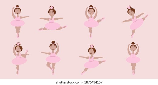 conjunto vectorial de ocho imágenes de bailarinas de niñas pequeñas en tuto rosa en diferentes poses