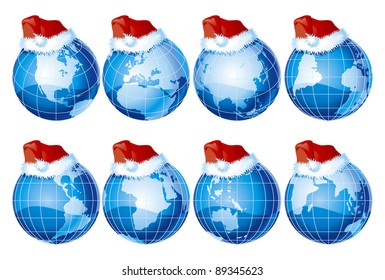 vector set of eight kind of globe with santa claus hat