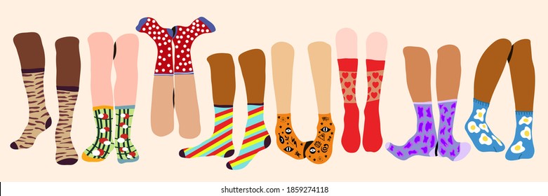 Vector set of eight  legs in the socks. Fashion accessories. 
Decorated with different cool, colorful prints. Сolored trendy illustration. Flat design