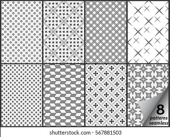 Vector set of eight monochrome seamless patterns. Modern stylish texture. Repeating geometric tiles with dotted rhombuses. Simple dotted patterns. Seamless vector collection. Black and white texture.