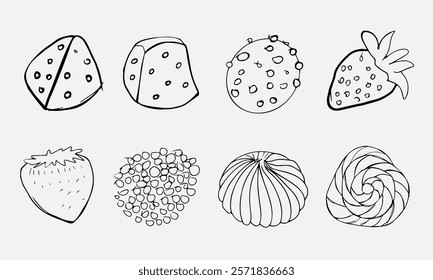 Vector set of eight pieces. In the style of freehand drawing. Strawberries, sweets, cakes Illustrations for business in the field of cooking, menu design, advertising. On a light background