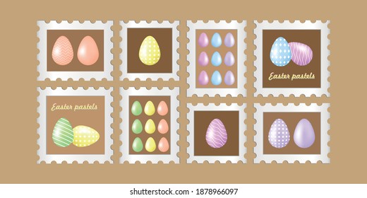 Vector set of eight post marks with pastel easter eggs.