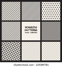 Vector set of eight seamless patterns. Monochrome geometric patterns. Simple striped textures, backgrounds with rhombuses and squares