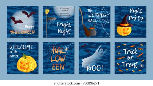 Vector set of eight square postcards, invitations or banners. Halloween theme. Traditional symbols. Jack o lantern, ghost, witch hat, cauldron, broom, sweet, bat, spider, web Abstract blots background