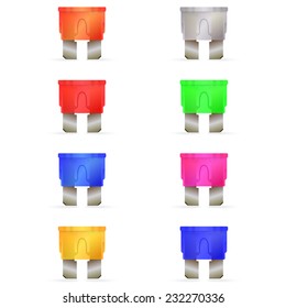 Vector set of eight standard car fuses isolated on white background
