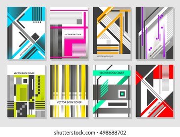 Vector set of eight templates for the book cover size A4. Modern abstract geometric compositions of gray and color shapes.