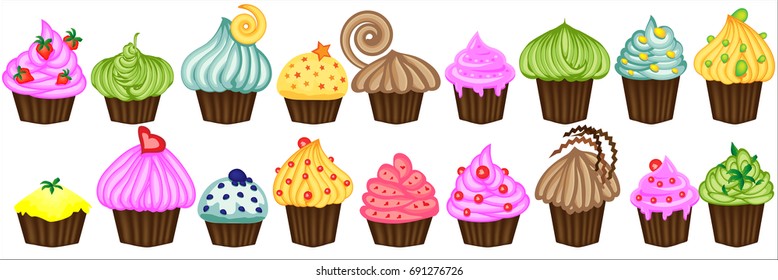 Vector set From eighteen colorful doodle cupcakes. Cupcakes decorated with cherry, strawberry and chocolate. 