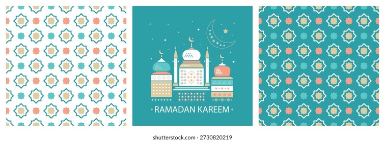 Vektor-Set von achtzackigen Sternfliesen Ornament nahtlose Muster und Ramadan Kareem Grußkarte . Islamisches Design mit Moschee, Halbmond, Sternen