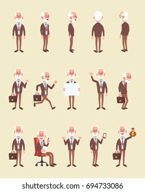 Vector Set of elderly business man in different poses. Cartoon character in a flat style for your projects.
