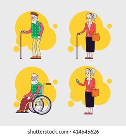 Vector set of elderly characters. Older people set. Grandparents. Linear flat design.