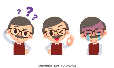 Vector set of elderly man in different action poses isolated on white background