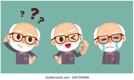 Vector set of elderly man in different action poses isolated on white background