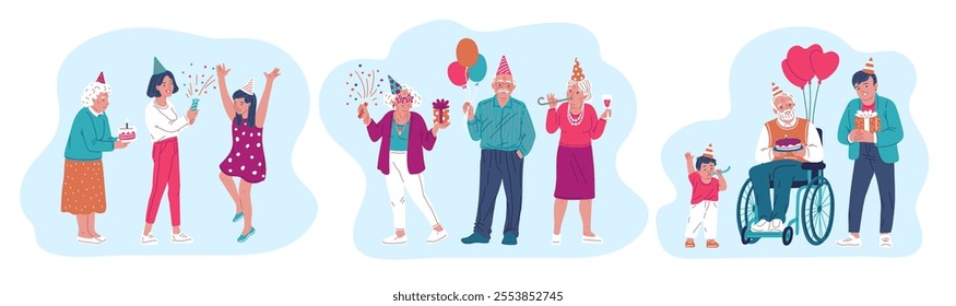 Vector set with elderly people celebrate their birthday. The characters include a grandfather, grandmother, granddaughter and friends in festive hats, with gifts