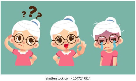 Vector set of elderly women character in different action poses isolated on white background