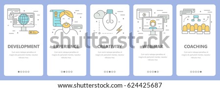 Vector set of e-learning concept vertical banners. Development, experience, creativity, webinar and coaching concept elements. Thin line flat design symbols, icons for website menu, print.