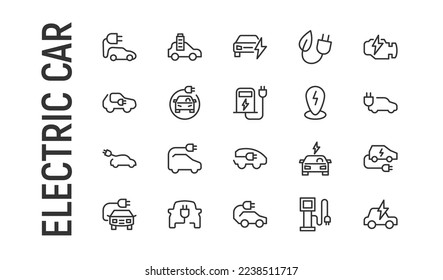 Vector set of electric car thin line icons. Design of 20 stroke pictograms. Signs of electric car isolated on a white background.