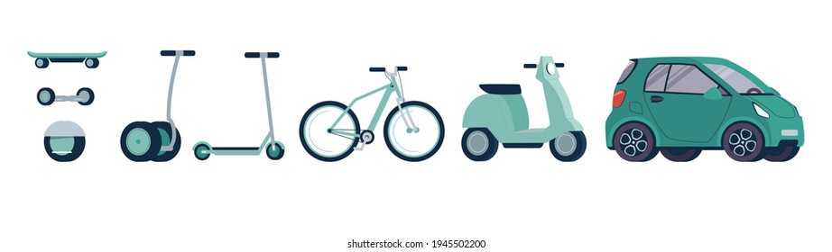 
Conjunto de vectores de vehículos eléctricos alternativos respetuosos con el medio ambiente. Motocicleta eléctrica moderna, giroscopio, patineta, bicicleta, ciclomotor, auto. Transporte de color verde sobre un fondo blanco