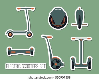 vector set of electric scooters, including mono wheel, segway, howerboard, kick scooter