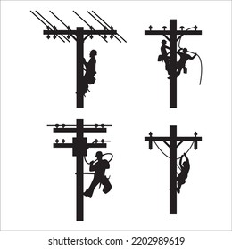 Vector Set Of Electric Workers lineman Silhouettes Illustration Isolated On White Background