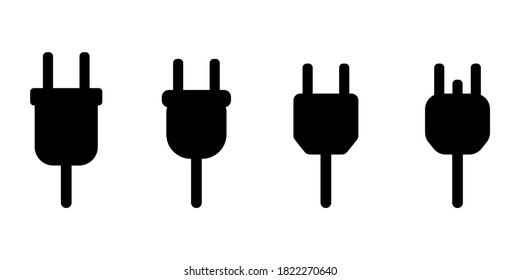 Vector set of electrical plugs icons. Icons of electrical plugs isolated on a white background.