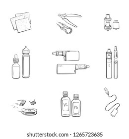 Vector set of electronic cigarettes and accessories for vaping on a white background.