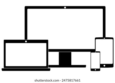 Vector conjunto de dispositivos electrónicos aislados sobre fondo transparente. Smartphone, tableta, portátil, equipo de escritorio o televisor.