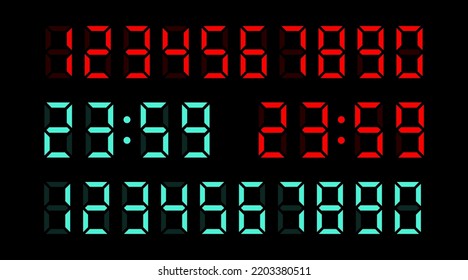 Vector set of electronic digits numbers font from a clock and a countdown timer. Watch and calculator display symbols