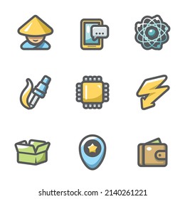 Vector Set of Electronic Industry Icons. Smartphone, Asian, Nucleu and electron, Manufacture, Processor, Charge, Pack, Place, Sale.