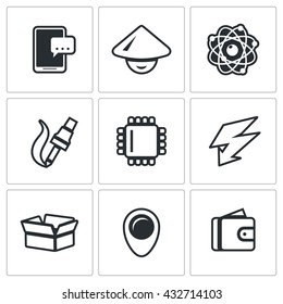 Vector Set of Electronic Industry Icons. Smartphone, Asian, Nucleu and electron, Manufacture, Processor, Charge, Pack, Place, Sale. Cheap labor for the production of high-precision electronics