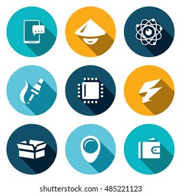Vector Set of Electronic Industry Icons. Smartphone, Asian, Nucleu and electron, Manufacture, Processor, Charge, Pack, Place, Sale.
