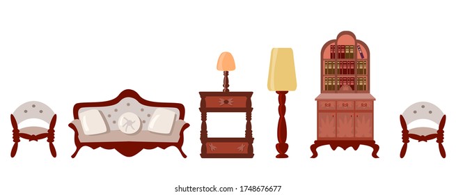 Vector Set of elegant antique furniture in a flat style.Nice antique nightstand, a bookcase with books, a floor lamp, a table lamp, a cozy sofa, a comfortable chair are isolated on a white background.