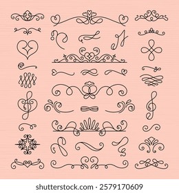 Vector set. Elegant black decorative flourishes and swirls on a light pink background. Flourishes and swirls in various styles, perfect for invitations and designs. Hand drawn ornament vector set.