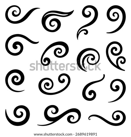 Vector set of elegant black flourish swirls, curls, and decorative dividers for design, lettering, and borders. Minimal calligraphic ornaments in vintage style.