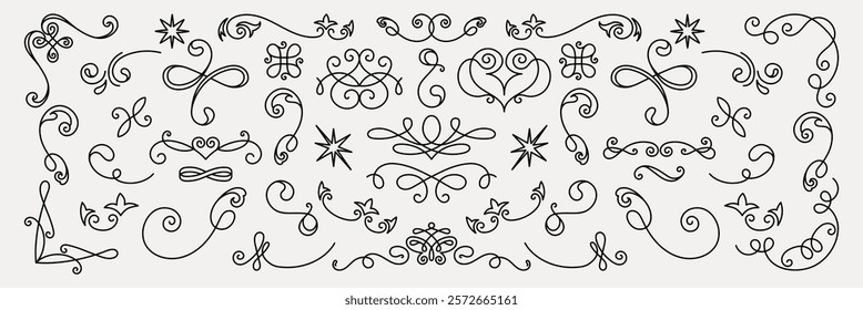 Vector set. Elegant black line art flourishes and swirls. Decorative flourishes, intricate swirls, and ornate designs create a sophisticated, elegant pattern. Hand drawn ornament vector set.