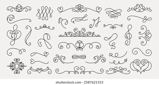 Vector set. Elegant calligraphic flourishes and swirls in various styles. Decorative flourishes, swirls, and ornate designs perfect for invitations and art projects. Hand drawn ornament vector set.