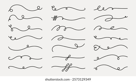 Vector set. Elegant calligraphy swirls and flourishes in black on white. Decorative swirls for design. Flourishes add elegance. Perfect for calligraphy projects. Hand drawn ornament vector set.