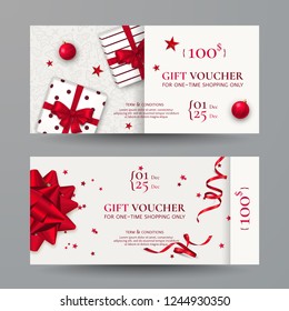 Vector set of elegant Christmas gift vouchers with realistic red bows, gift boxes, toys, ribbons, stars and confetti. Festive background for design of gift cards, coupons and holiday certificates.