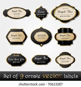 Vector set of elegant, dark, gold-framed labels