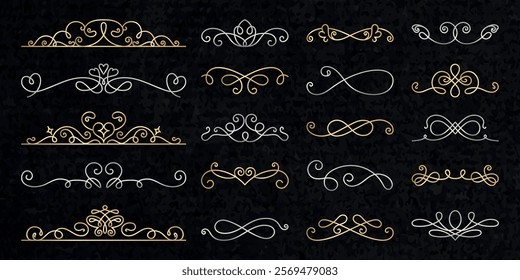 Vector set. Elegant decorative dividers in gold and silver. Swirls and curls in various designs. Perfect for invitations, cards, and elegant decorative projects. Hand drawn ornament vector set.