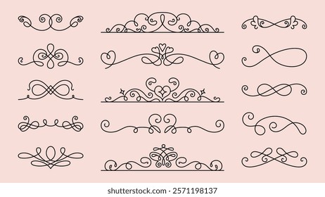 Vector set. Elegant decorative dividers with intricate swirls and heart motifs. Swirls and heart designs add elegance. Perfect for invitations and elegant projects. Hand drawn ornament vector set.