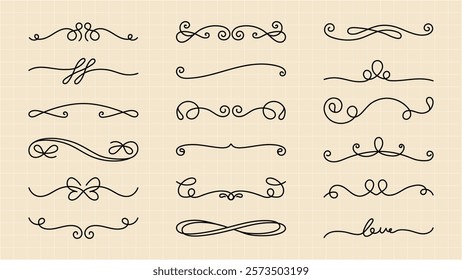 Vector set. Set of elegant decorative dividers with swirls and curls. Includes swirls, curls, and ornate dividers. Perfect for elegant designs and ornate projects. Hand drawn ornament vector set.