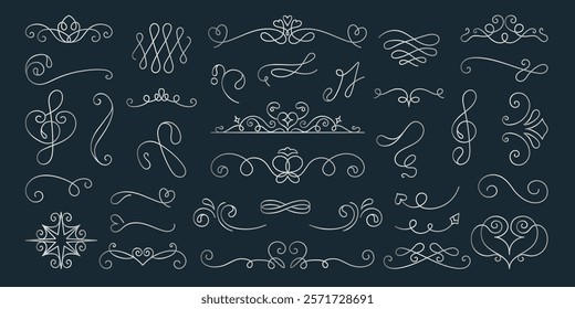 Vector set. Elegant decorative flourishes and swirls in various styles. Flourishes and swirls for design accents. Swirls and flourishes for creative projects. Hand drawn ornament vector set.