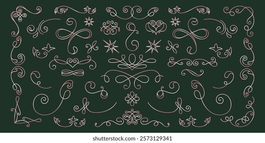 Vector set. Elegant decorative flourishes on a dark background. Swirls and flourishes create a vintage feel. Flourishes add elegance and style to any design. Hand drawn ornament vector set.