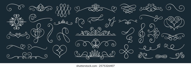 Vector set. Elegant decorative flourishes and swirls in a variety of intricate designs. These flourishes add a touch of elegance and sophistication to any project. Hand drawn ornament vector set.