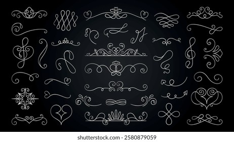 Vector set. Elegant decorative flourishes and swirls on a dark background. Flourishes include hearts, loops, and curls. Swirls and flourishes add a vintage touch. Hand drawn ornament vector set.