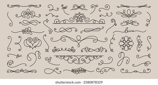 Vector set. Elegant decorative swirls and flourishes in various styles. Swirls and flourishes for design accents. Perfect for adding swirls and flourishes to projects. Hand drawn ornament vector set.